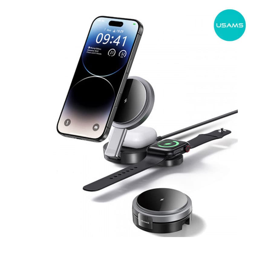 Estacion Carga USAMS 3en1 de Carga Inalambrica iPhone, Airpods, Apple Watch, Galaxy