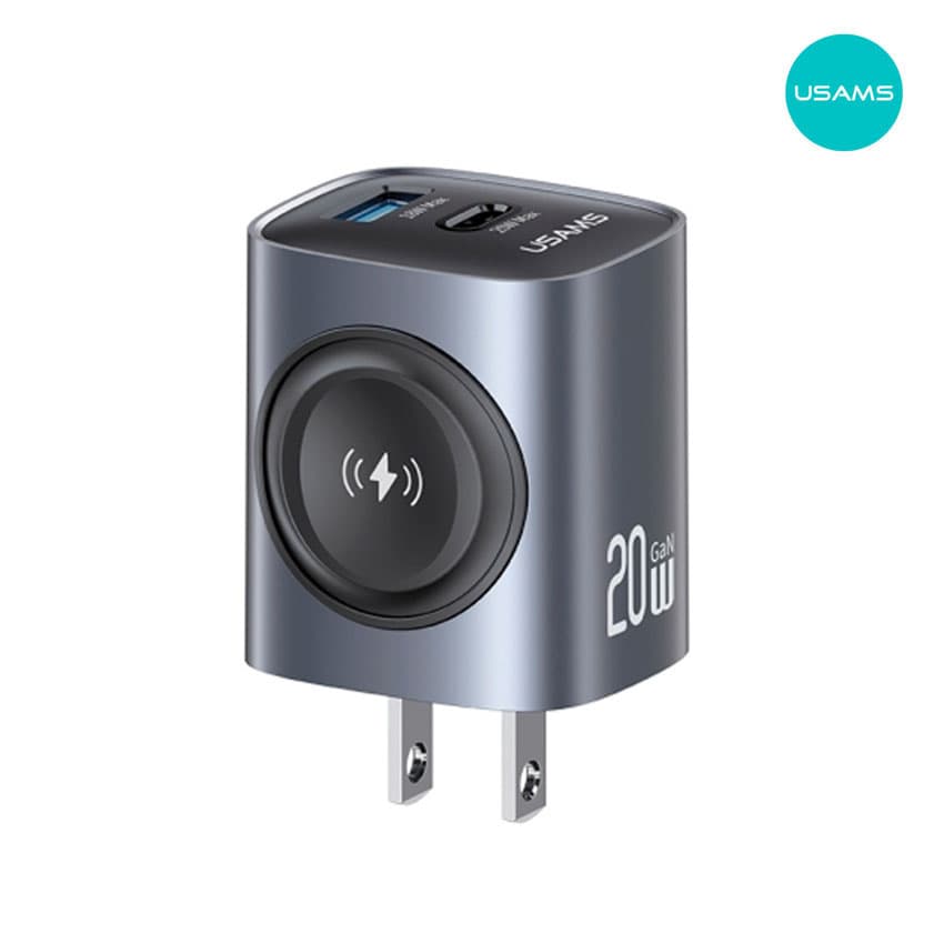 Cargador USAMS USB-C+USB-A 20W GaN Cargador Apple Watch, iPhone, iPad
