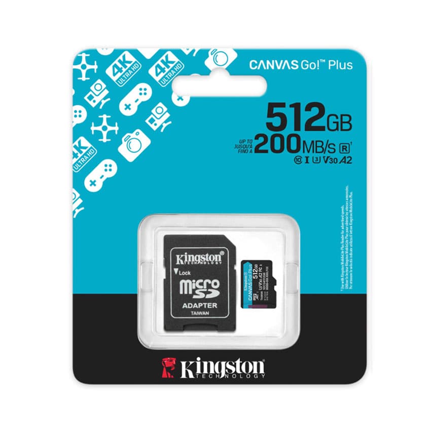 Memoria MicroSD Kingston Canvas GO! PLUS 512GB U3 A2 200MB/s con Adaptador SD