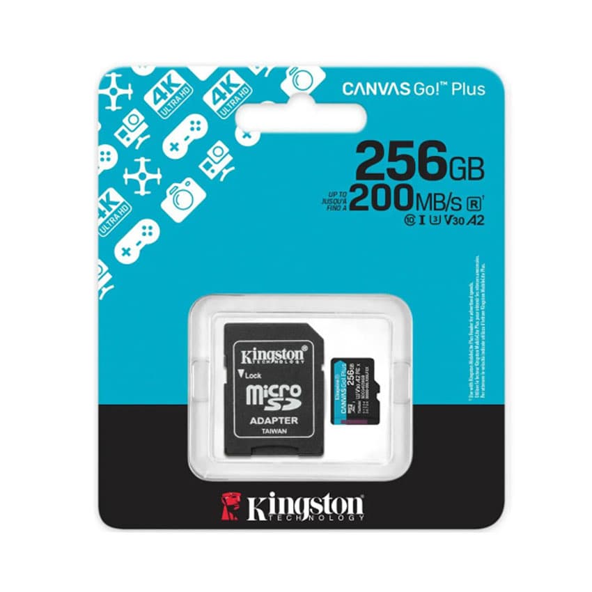 Memoria MicroSD Kingston Canvas GO! PLUS, 256GB U3 A2 200MB/s con Adaptador SD