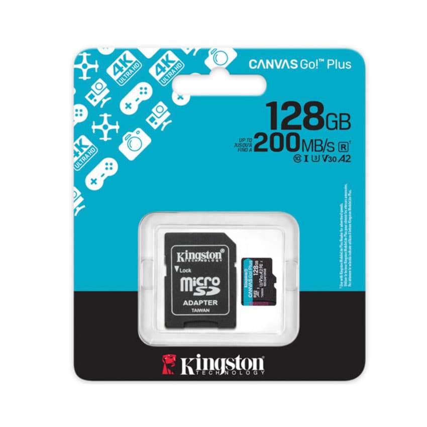 Memoria MicroSD Kingston Canvas GO! PLUS, 128GB U3 A2 200MB/s con Adaptador SD