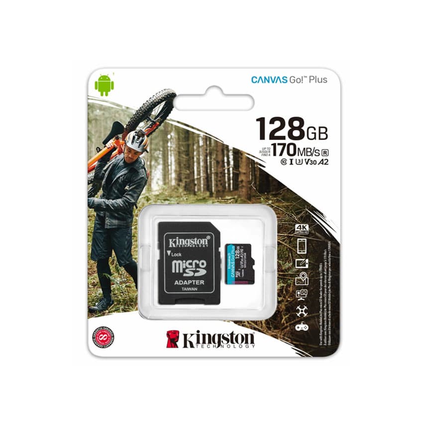 Memoria MicroSD Kingston Canvas GO! PLUS, 128GB, U3, A2, 170MB/s con Adaptador SD