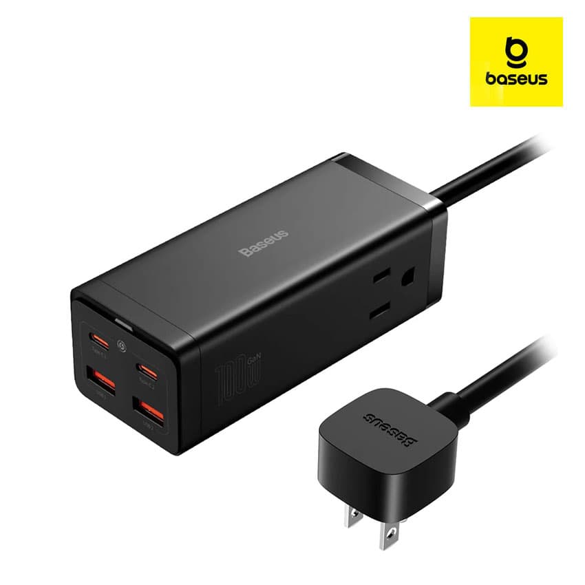 Cargador Regleta Baseus 100W GaN 6 Puertos 2USB-C, 2USB-A, 2AC, Para iPhone, Macbook, iPad, Galaxy