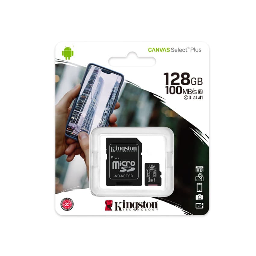 Memoria MicroSD Kingston Canvas Select PLUS 128GB, U1, 100MB/s con Adaptador SD