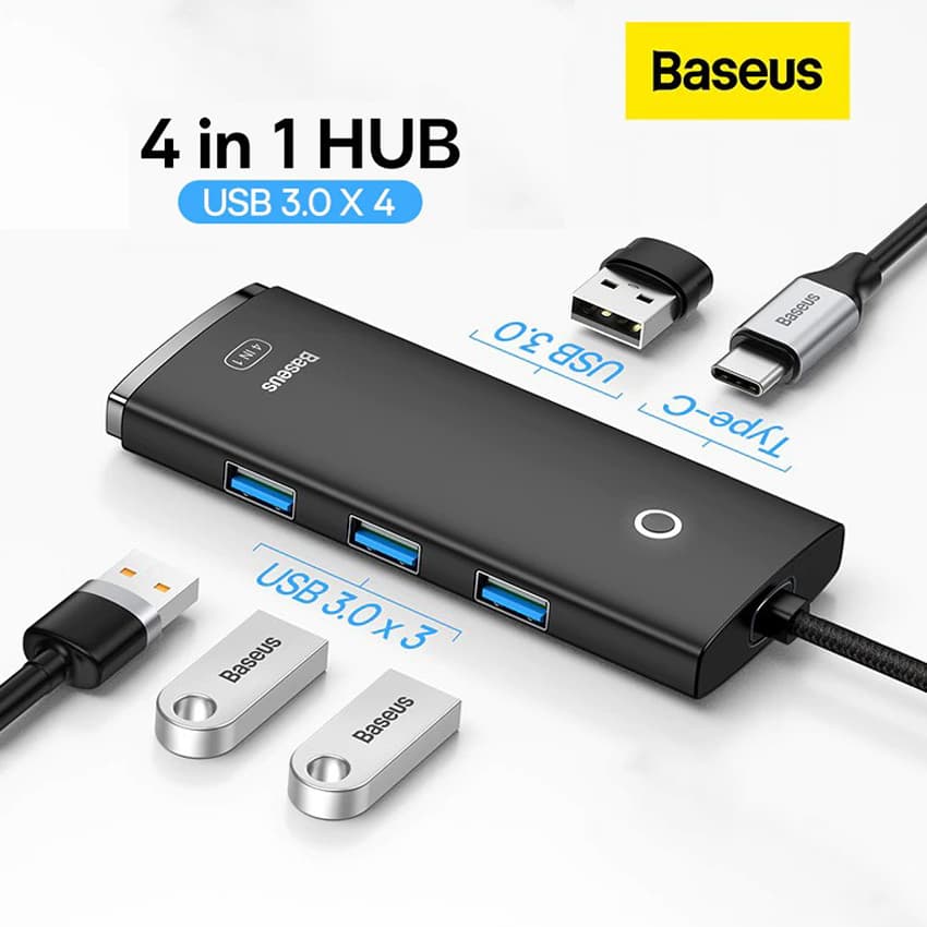 Adaptador Baseus USB-C 4en1 HUB , 4X USB 3.0 para MacBook Pro, iPad, Tablets, Chromecast